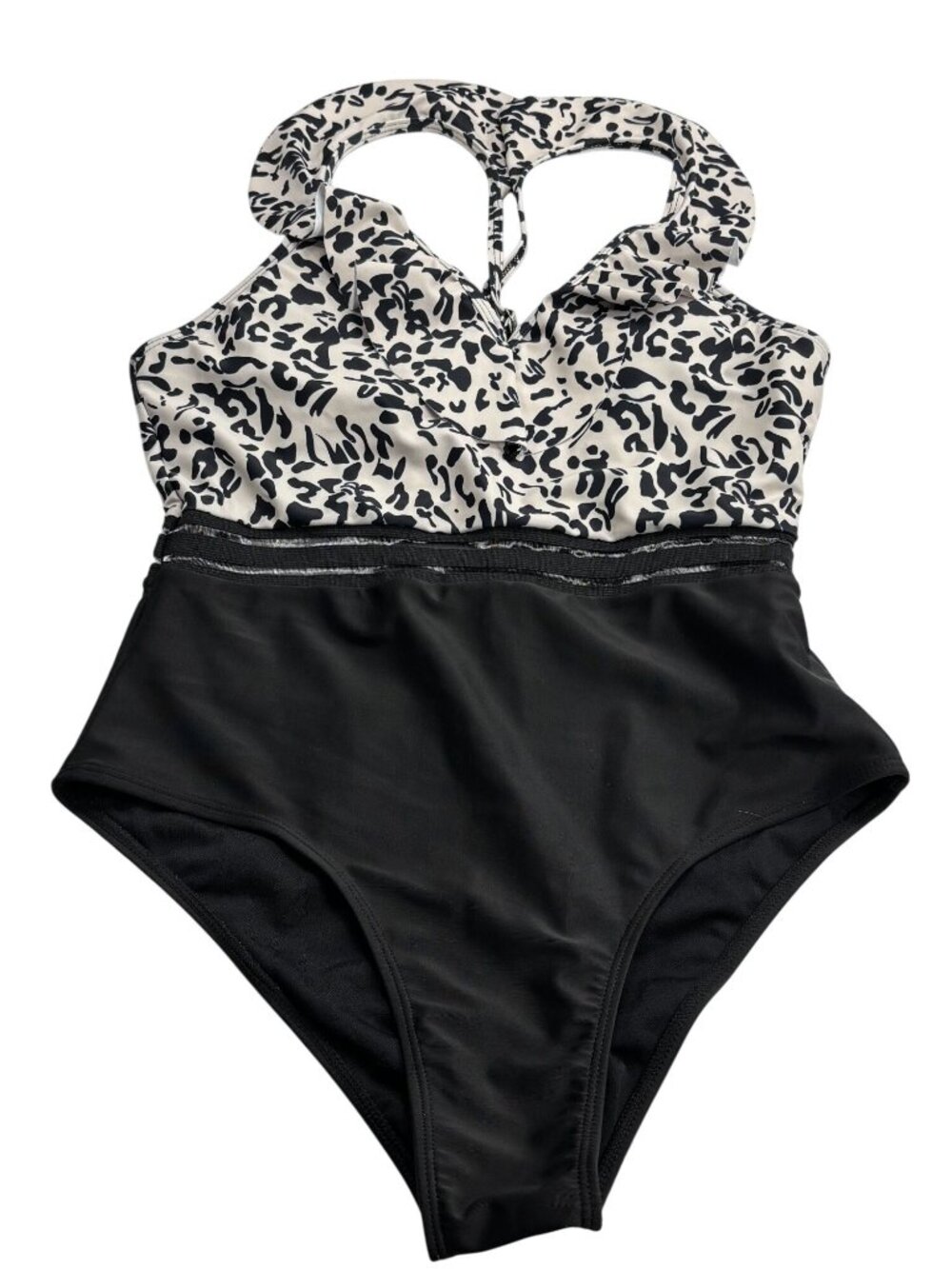 Leopard Print & Black Womens One-Piece Swimsuit XL Back Tie Halter Style - Picture 1 of 5